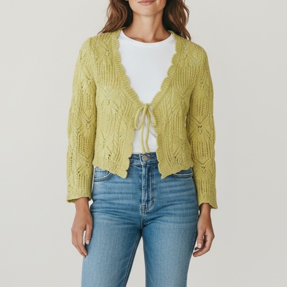 Sincerely Jules Womens Chartreuse Yellow Knit Tie Front Cardigan Sweater Small
